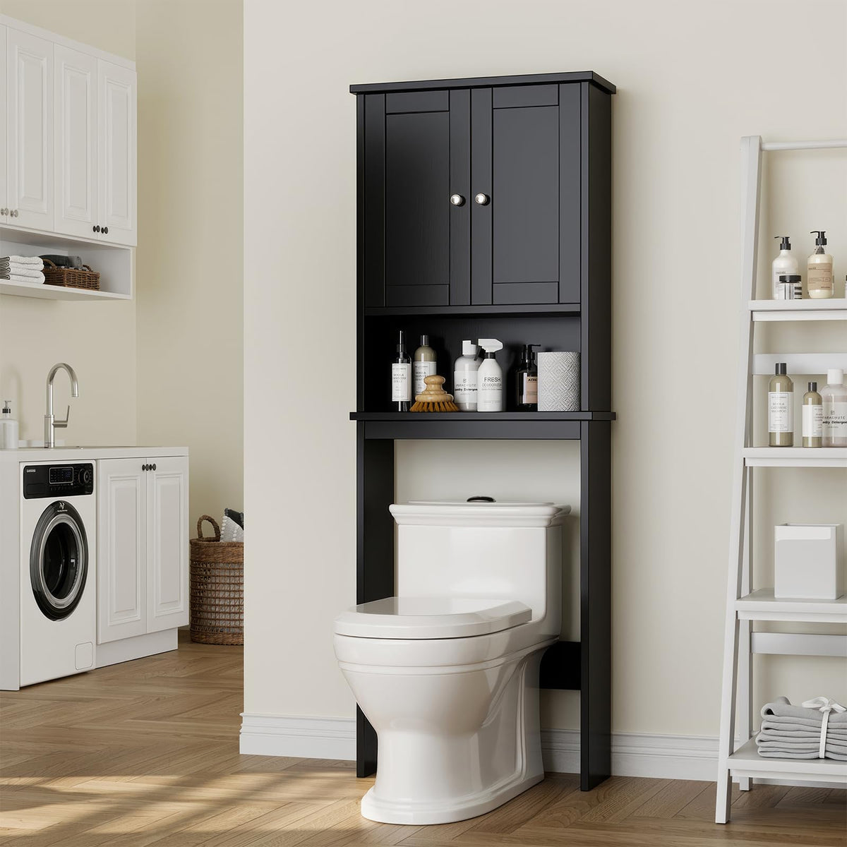 Over the Toilet Storage Cabinet, Bathroom Storage Organizer Over Toilet, Space Saver W/Adjustable Shelf & Open Shelf, White