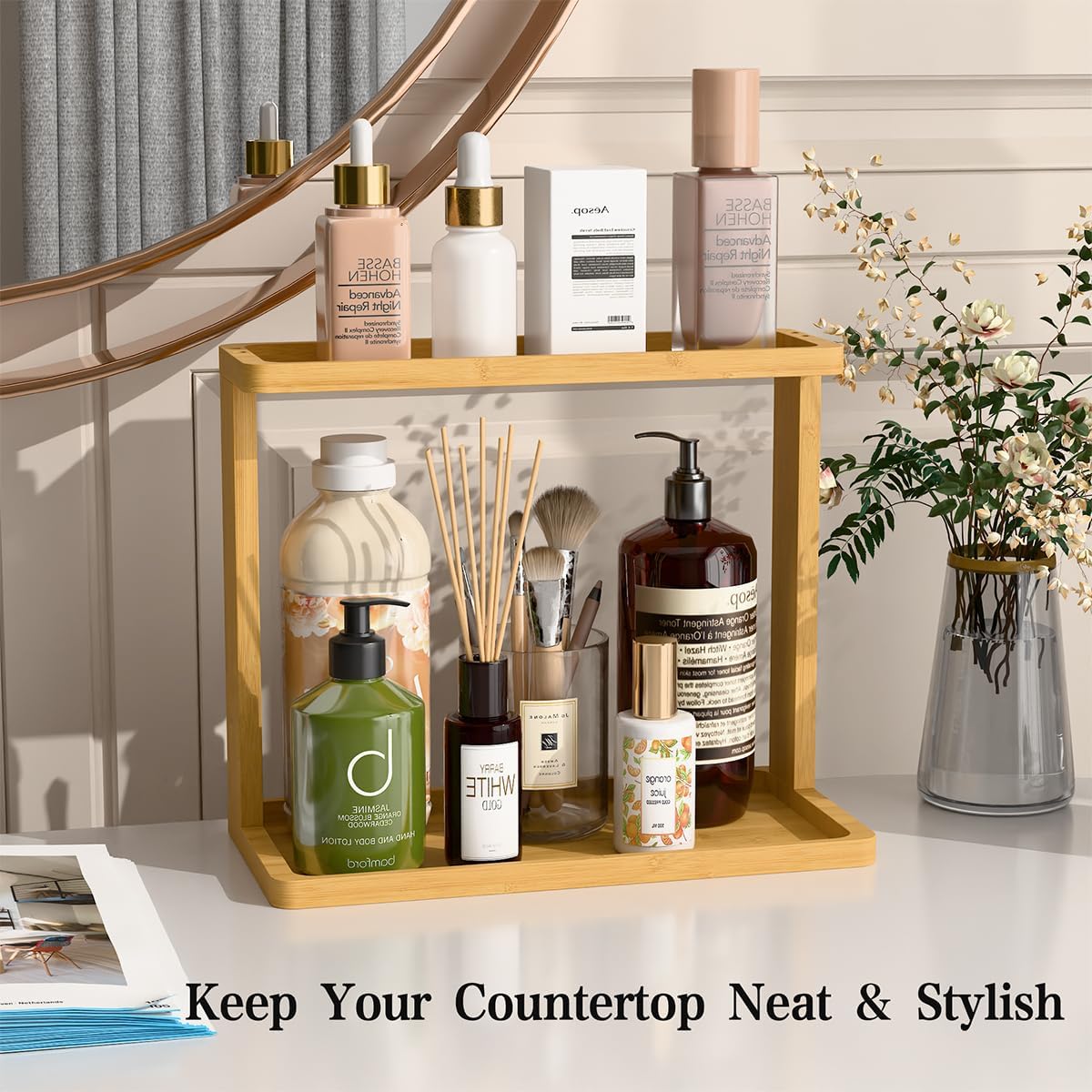 PEKER Bamboo Bathroom Organizer Countertop – Small Vanity Storage Shelf for Makeup, Perfume, Skincare – Natural Cosmetics Display Rack for Dresser, Sink, Kitchen – Natural