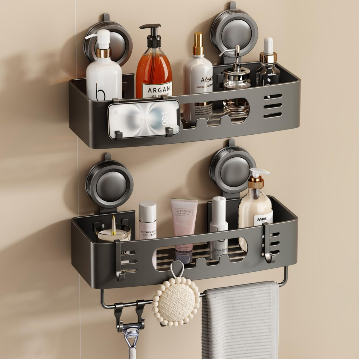 Voldra Corner Shower Caddy Suction Cup, Aluminum Corner Shower Shelves for Wall No Drilling, Large Suction Cup Shower Organizer with Towel Bar & Hooks Removable Bathroom Storage Rack(2 Pack-Gray)