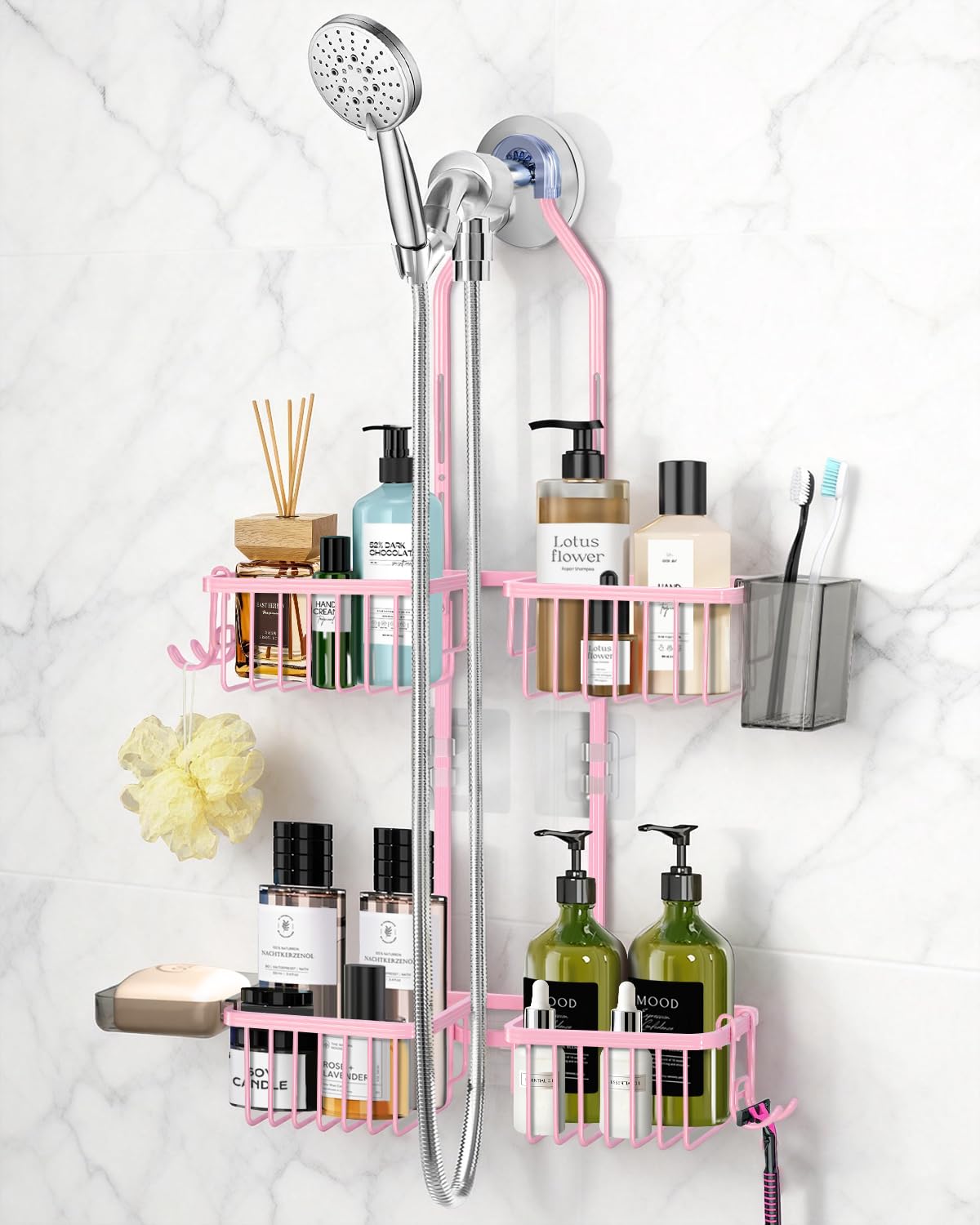 Adjustable Hanging Shower Caddy for Handheld Showerhead, Rustproof Aluminum Over Shower Head Organizer, Renter-Friendly No-Swing Storage for Tall Bottles & Soap, 2-Tier, Gold