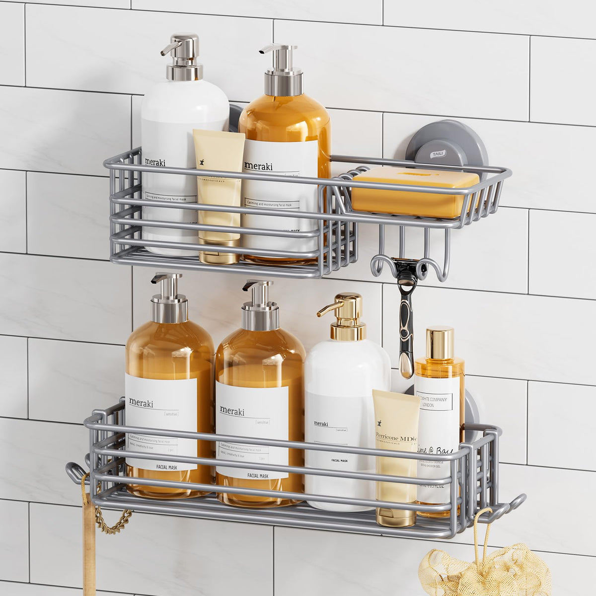 TAILI Shower Caddy Suction Cup 2 Pack with Hooks & Soap holder, Black