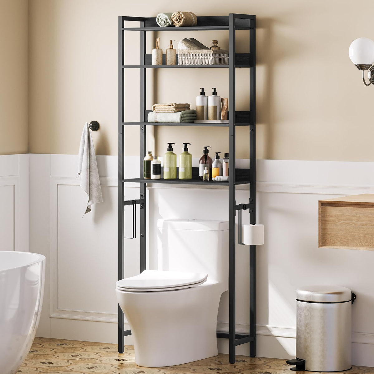 MAHANCRIS Over The Toilet Storage Rack, 4 Tier Bathroom Organizer Over Toilet, Freestanding Space Saver Toilet Stand with 2 Hooks, Bathroom Storage Shelf, Easy to Assemble, Rustic Brown TSHR0401Z