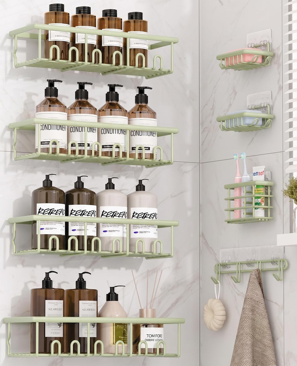 8 Pack Adhesive Large Capacity No-Drilling Shower Caddy, Black