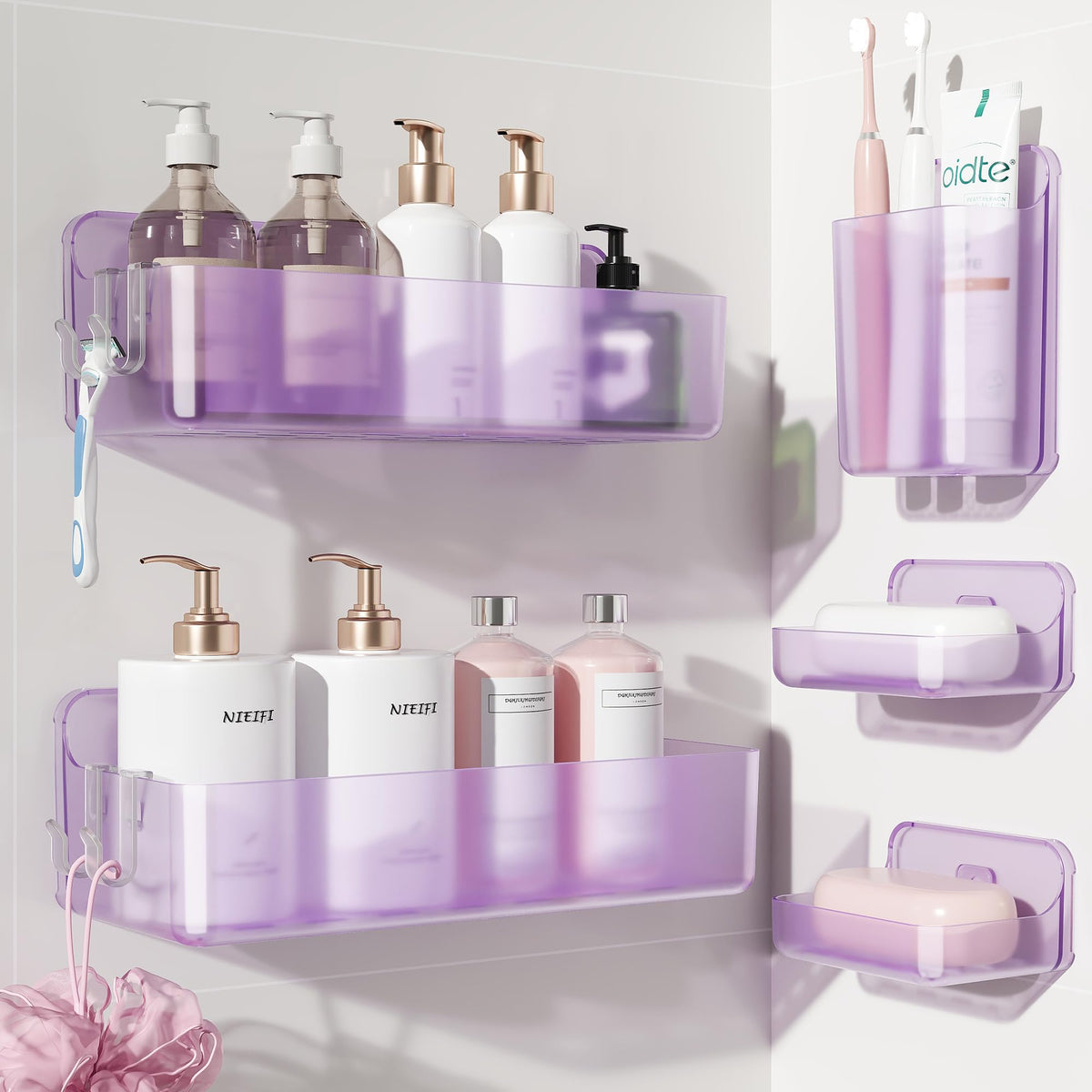 Nieifi Adhesive Shower Shelves, Clear, 5 Pieces