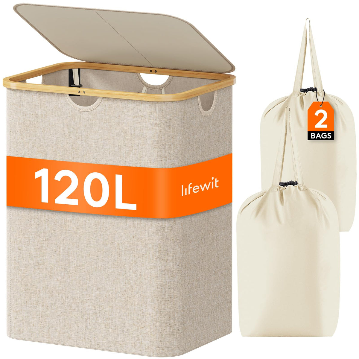 Lifewit 105L Large Laundry Basket with Lid, Removable Bags, Beige