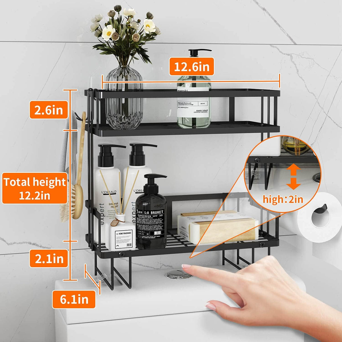 Godboat 2-Tier Over Toilet Storage Shelf, Wall-Mount with 2 Hook/Paper Rack