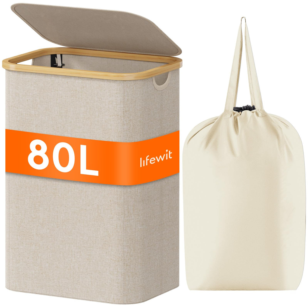 Lifewit 105L Large Laundry Basket with Lid, Removable Bags, Beige