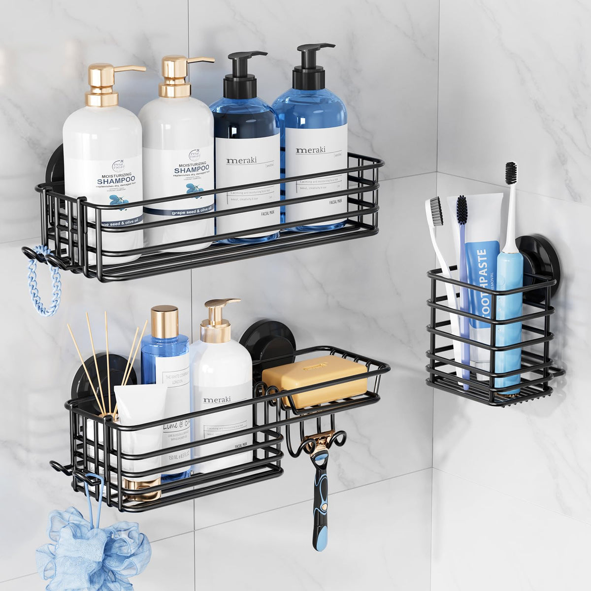 TAILI Shower Caddy Suction Cup 2 Pack with Hooks & Soap holder, Black