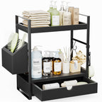 2-Tier Bathroom Counter Organizer, Wooden Vanity Shelf with Drawer & Basket