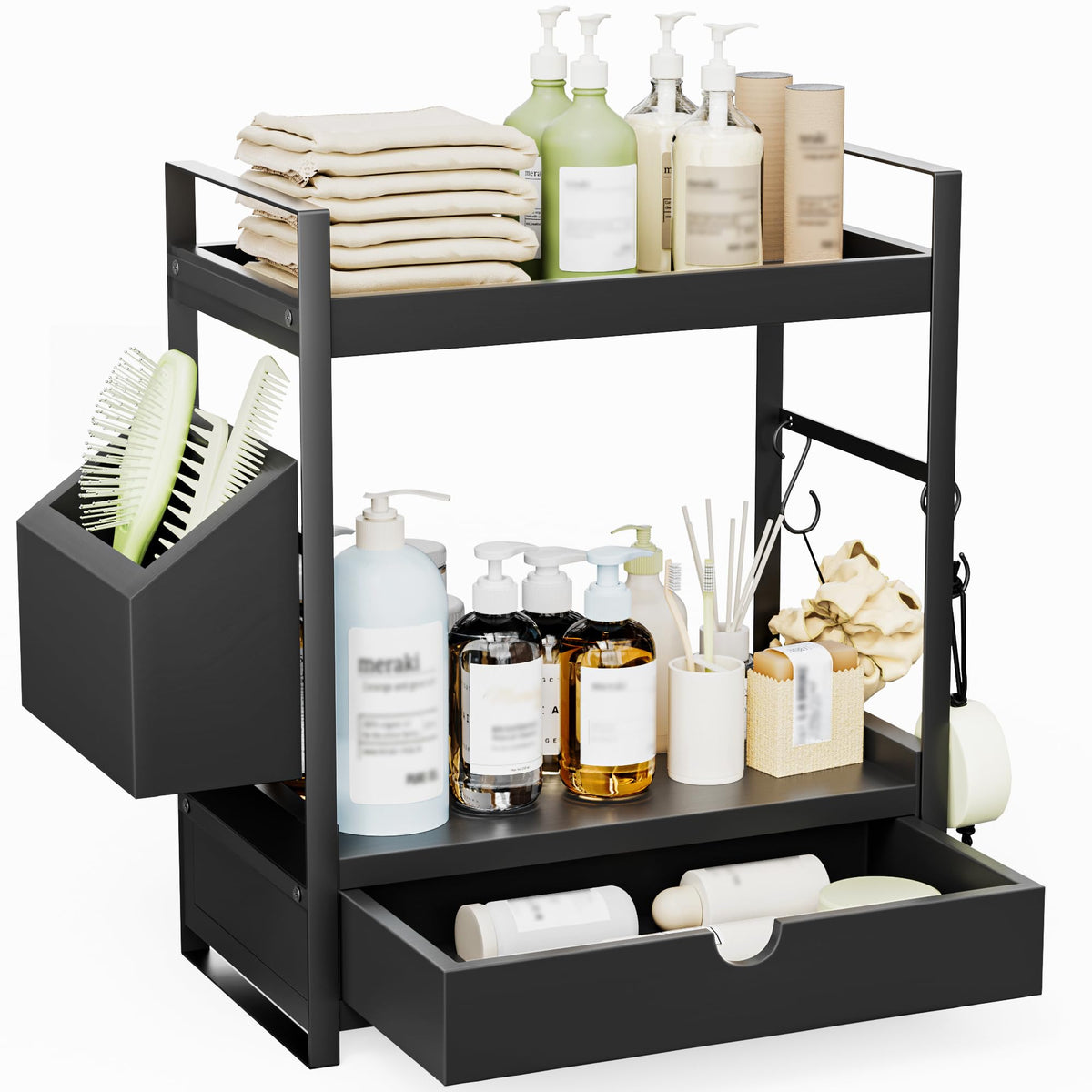 2-Tier Bathroom Counter Organizer, Wooden Vanity Shelf with Drawer & Basket