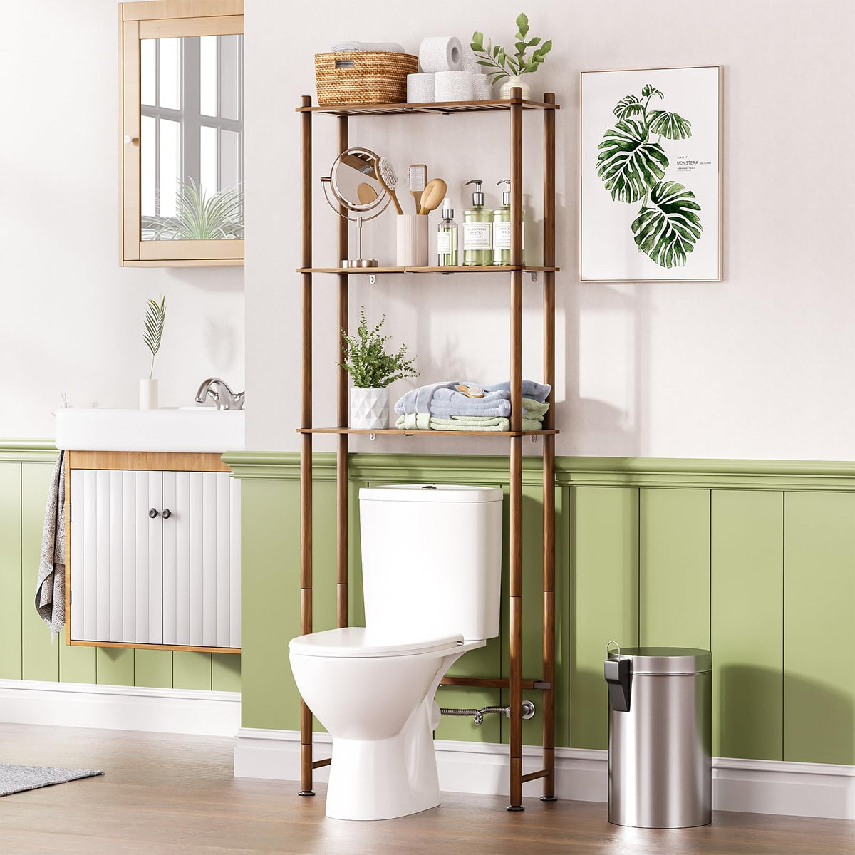 AmazerBath Bamboo Over The Toilet Storage Shelf, 3-Tier Bathroom Over Toilet Organizer Rack, Freestanding Above Toilet Shelf for Bathroom, Laundry, Space Saver, Natural Color