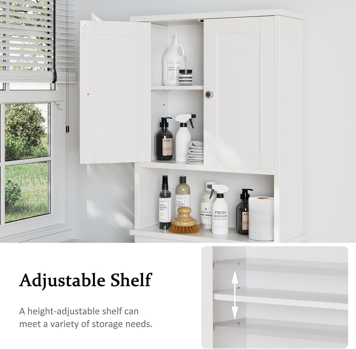 Over the Toilet Storage Cabinet, Bathroom Storage Organizer Over Toilet, Space Saver W/Adjustable Shelf & Open Shelf, White