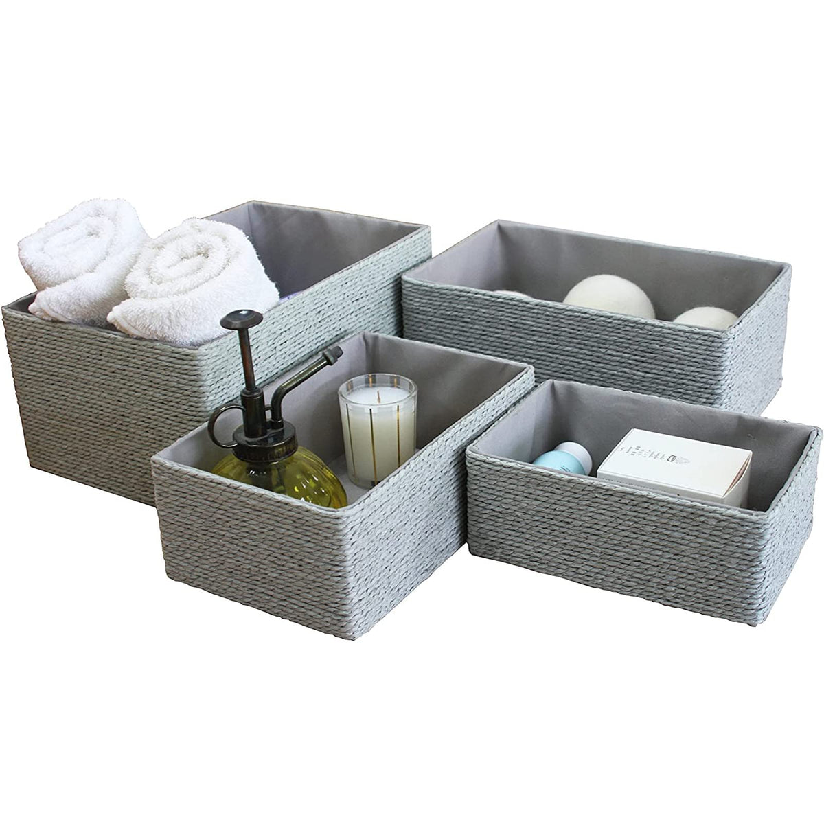 LA JOLIE MUSE Bathroom Basket Organizers, Paper Rope Storage, Grey 4 Pack