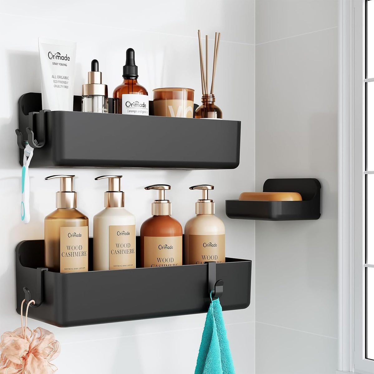Orimade Shower Caddy 3-Pack, No-Drill Adhesive Shelves with 4 Hooks for Bathroom, Rustproof ABS Plastic Storage Organizer Set, Black