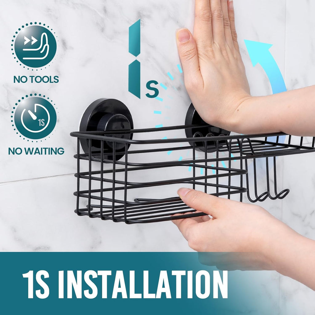 TAILI Shower Caddy Suction Cup with Hooks and Soap holder, Black