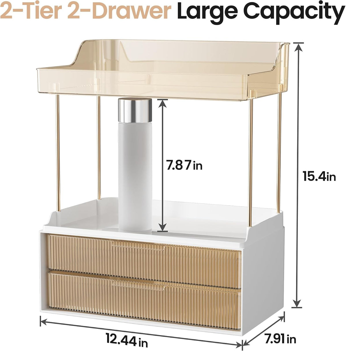 Delamu 4-Tier Makeup Organizer, Bathroom Counter Storage, 2 Drawers, Amber