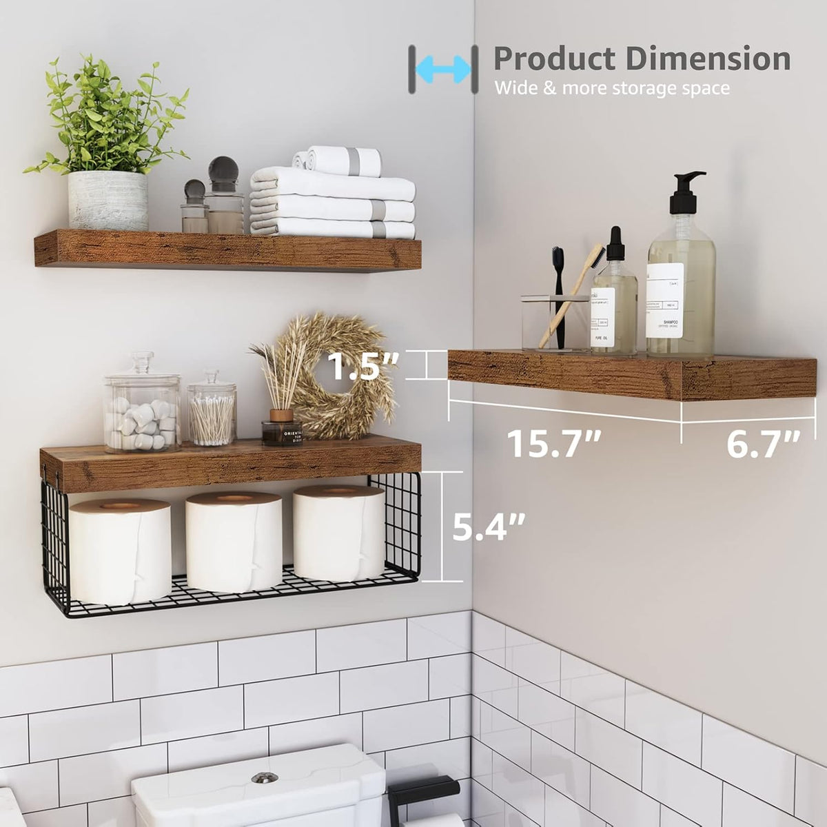 QEEIG Bathroom Shelves Over Toilet Wall Mounted (Brown, Set of 3, 15.7")