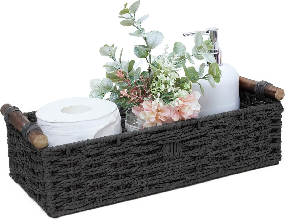 Round Paper Rope Storage Basket Wicker Baskets for Organizing with Handle Decorative Storage Bins for Countertop Toilet Paper Basket for Toilet Tank Top Small Baskets Set,Green