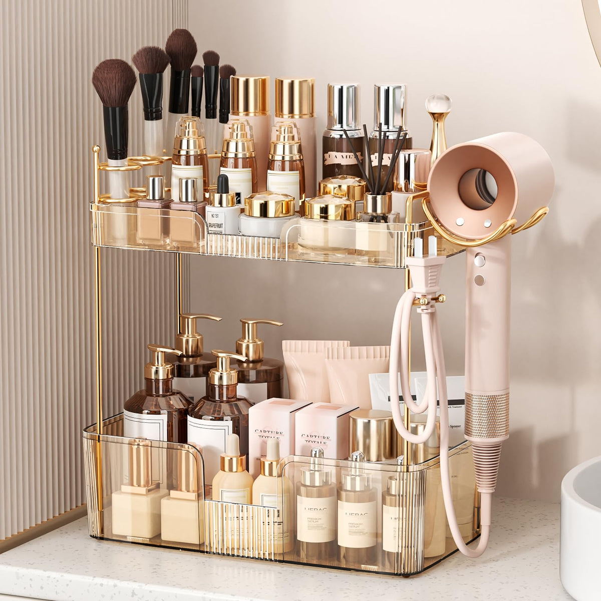 Bathroom Counter Organizer for Vanity, Makeup Organizer Countertop with Holder, Large Capacity Storage Rack, Perfect Large Skincare, Hair Care, Perfume, Easy to Install (Clear, 3Tiers)