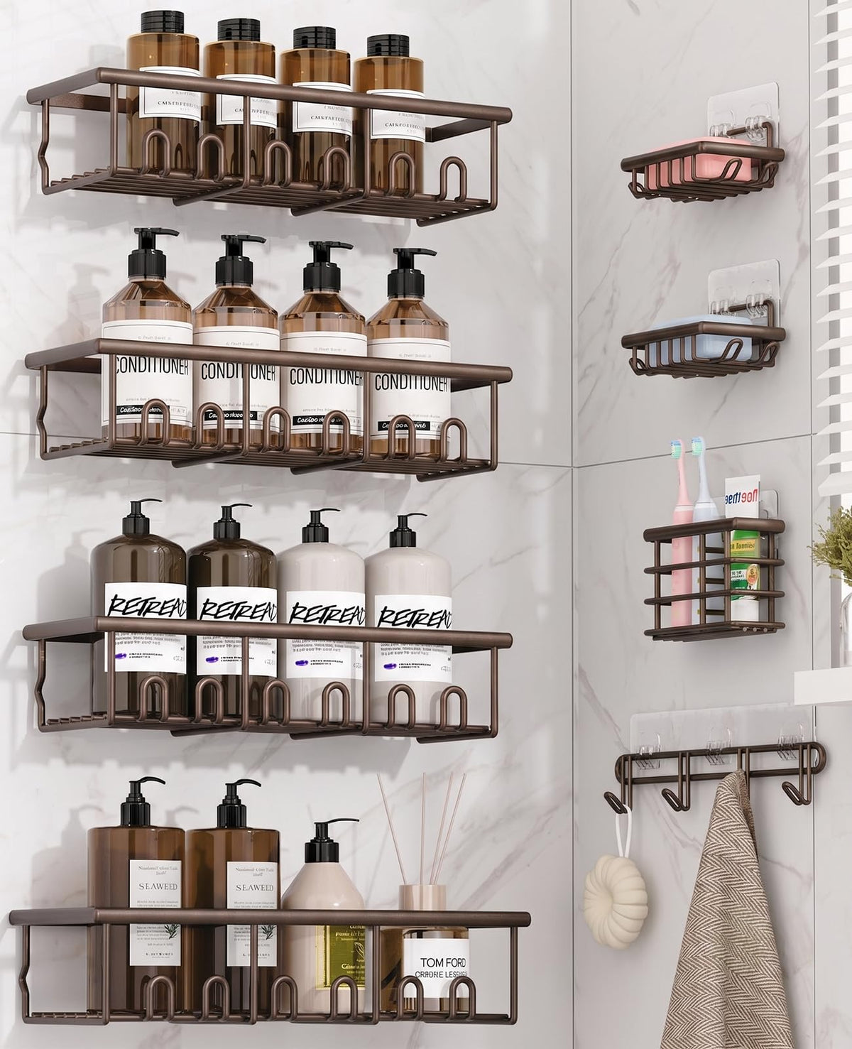 8 Pack Adhesive Large Capacity No-Drilling Shower Caddy, Black