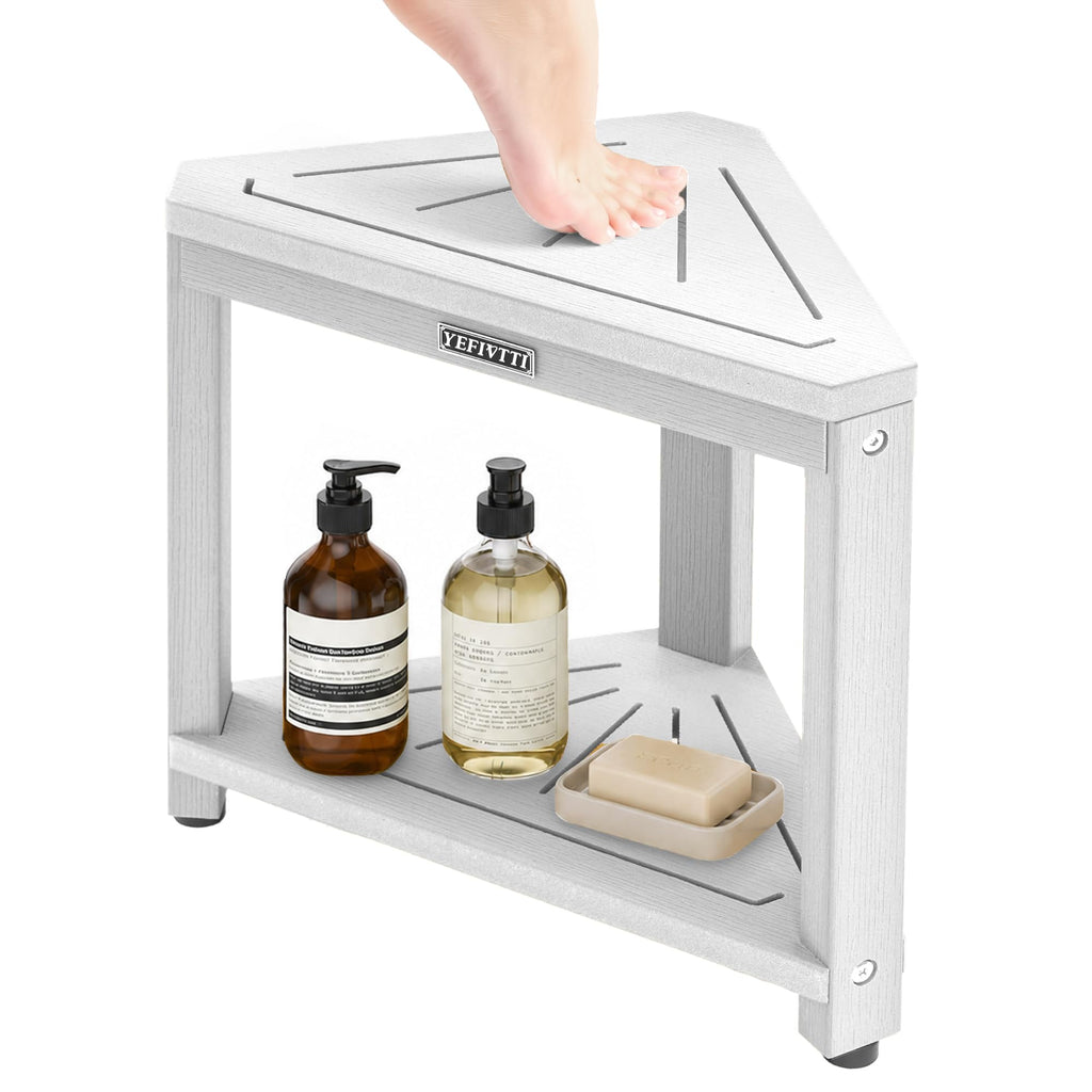 Corner Shower Stool 14in Small Bench Storage Shelf White