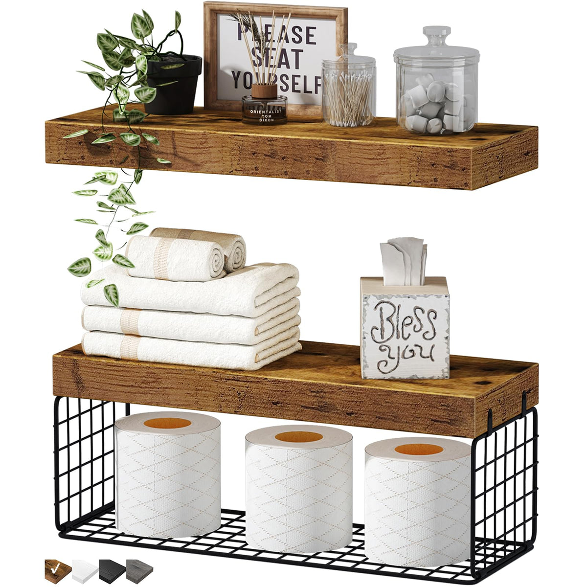 QEEIG Bathroom Shelves Over Toilet Wall Mounted (Brown, Set of 3, 15.7")