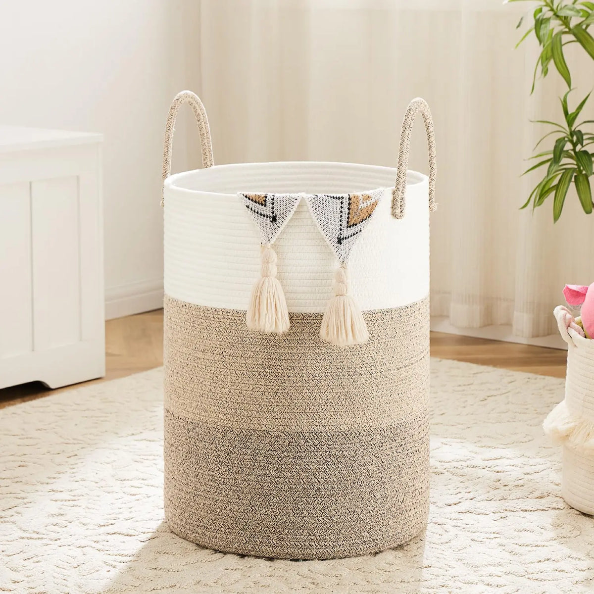 Collapsible Woven Cotton Rope Laundry Basket - Eco-Friendly, Breathable, Decorative Weaving Clothes Basket & Weaving Laundry Organizer (46L/60L/80L/100L) for Dirty Clothes, Toys Storage in Bathroom, Living Room