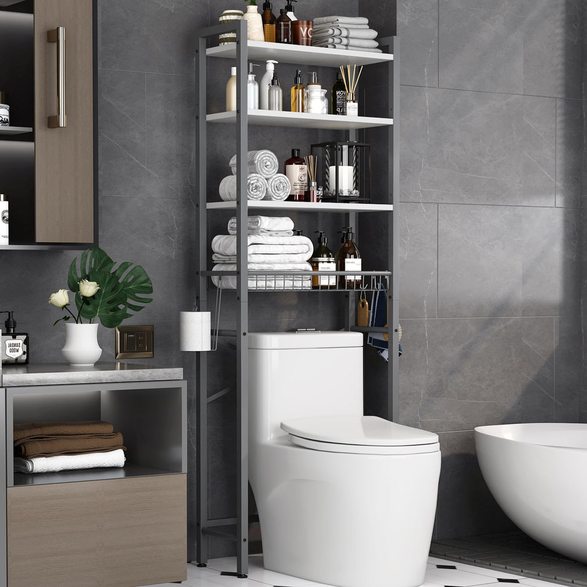 Kalrin Over-The-Toilet Storage Rack, 4-Tier Bathroom Organizer Shelf Over Toilet with Adjustable Shelf and Basket, Freestanding Space Saver Bathroom Shelves Above Toilet for Room (Vintage Brown)