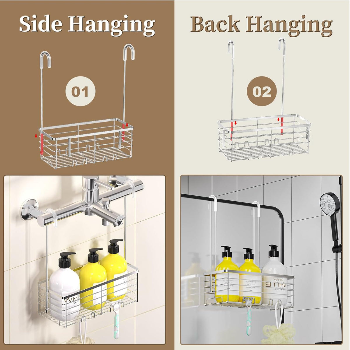 DELLAN Hanging Shower Organizer, Shower Rack with Hooks Over the Door