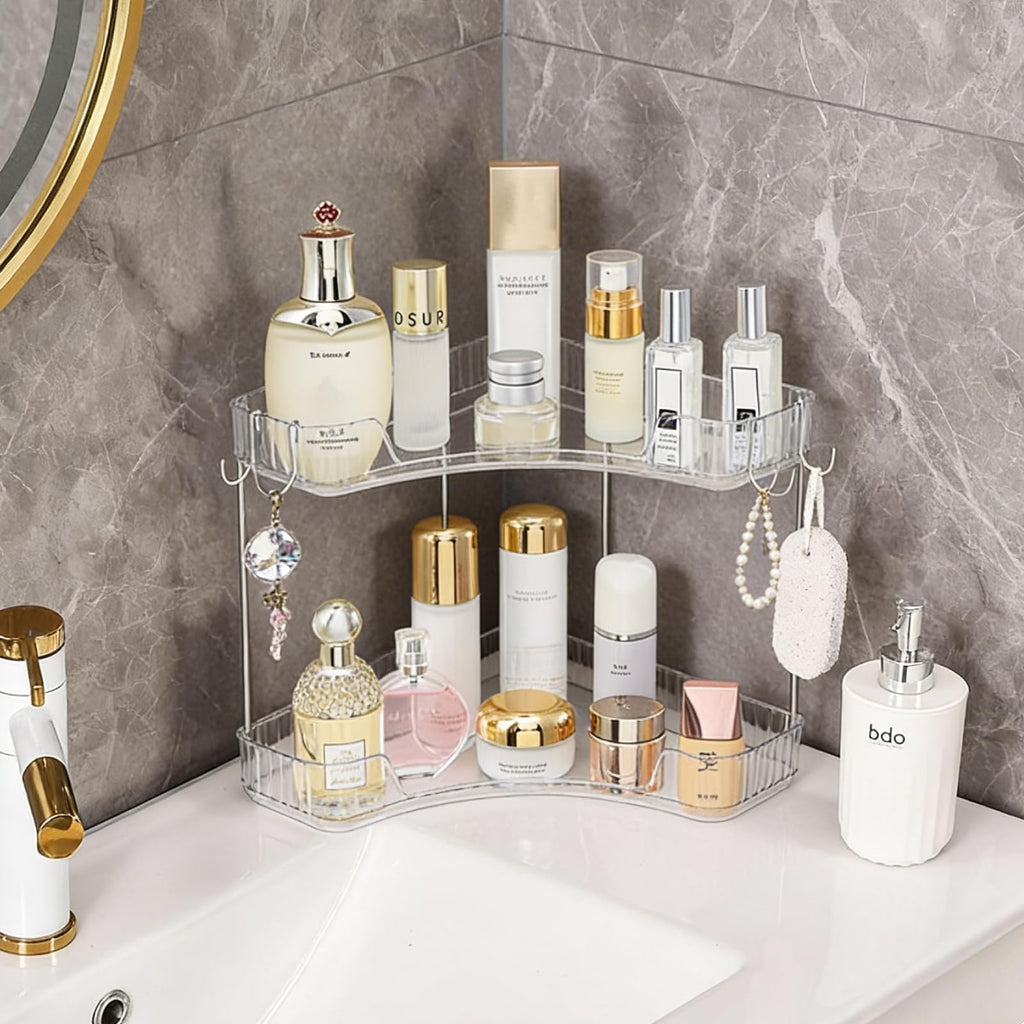 2-Tier Corner Bathroom Organizer Countertop with Hooks, for Makeup/Skincare