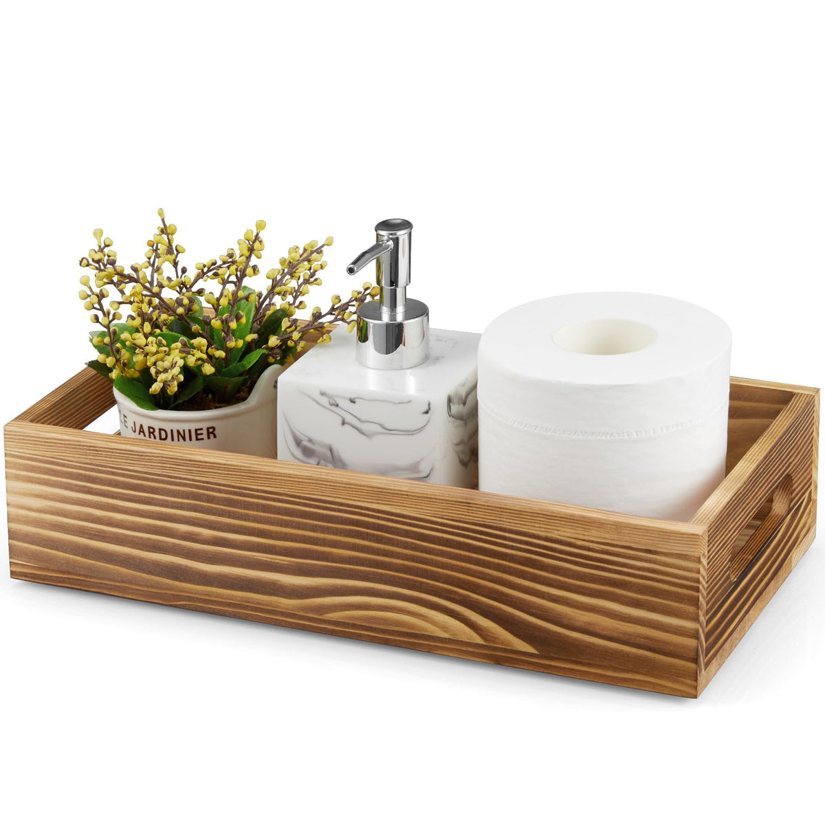 ALELION Acacia Wood Bathroom Storage Basket for Organizing - Toilet Paper Basket with Handle for Back of Toilet Tank Top Topper - Small Narrow Baskets for Kitchen Pantry Garage Laundry Room Storage