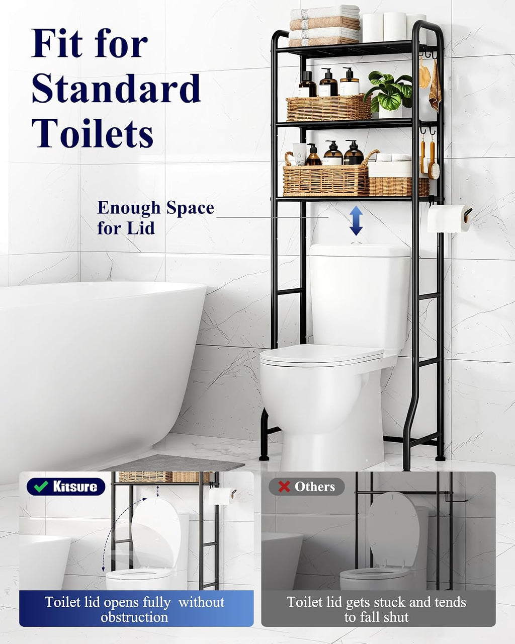 Kitsure Over Toilet Storage Rack, 63.2" H Space-Saving, Holder & Hooks