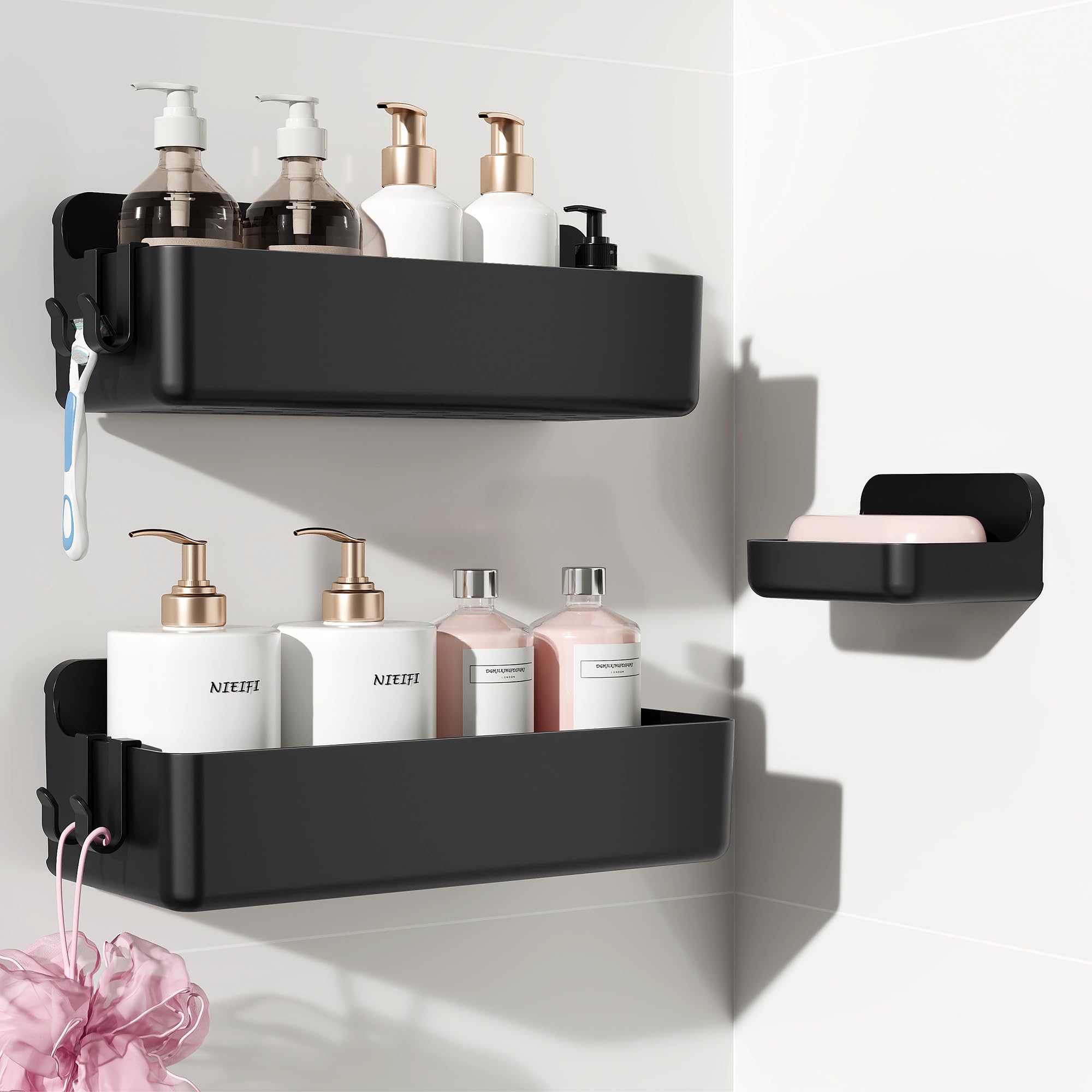 Nieifi Adhesive Shower Shelves, Clear, 5 Pieces