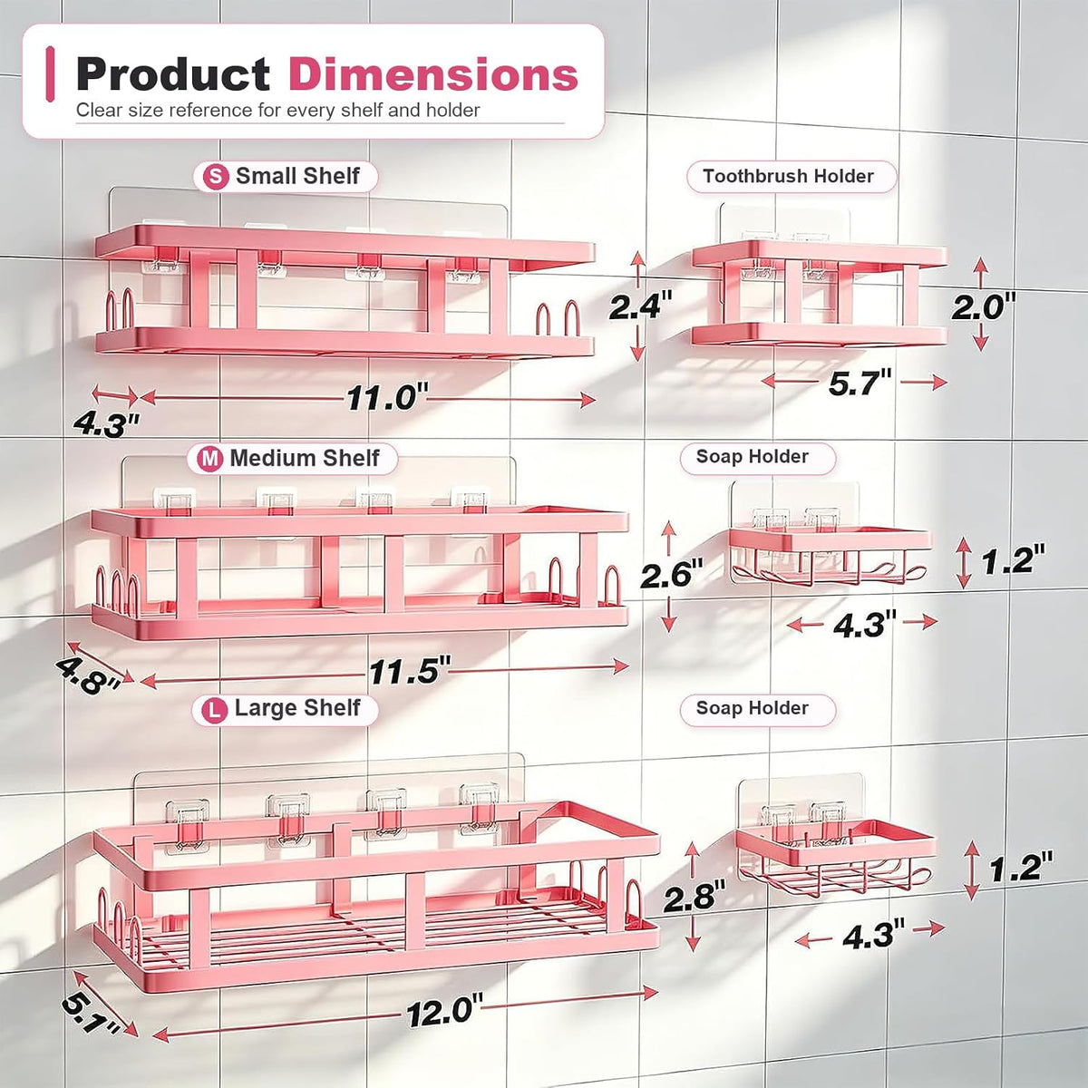 Youvip Pink Shower Caddy 6 Pack, Adhesive Shower Shelves