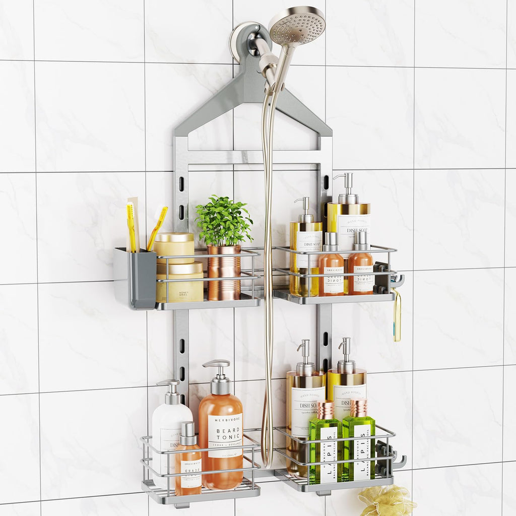 ODesign 4 Tier Adjustable Shower Organizer Hanging Over Showerhead Black