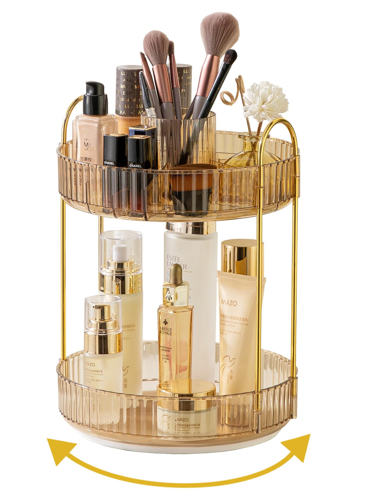 Asayuee 360 Rotating Gold Makeup Organizer,2 Tier Large Capacity Rotating Makeup Organizer,SkincarePerfume Organizer,Bathroom Cosmetics Storage Organizer Countertop (Gold-2 Tier)
