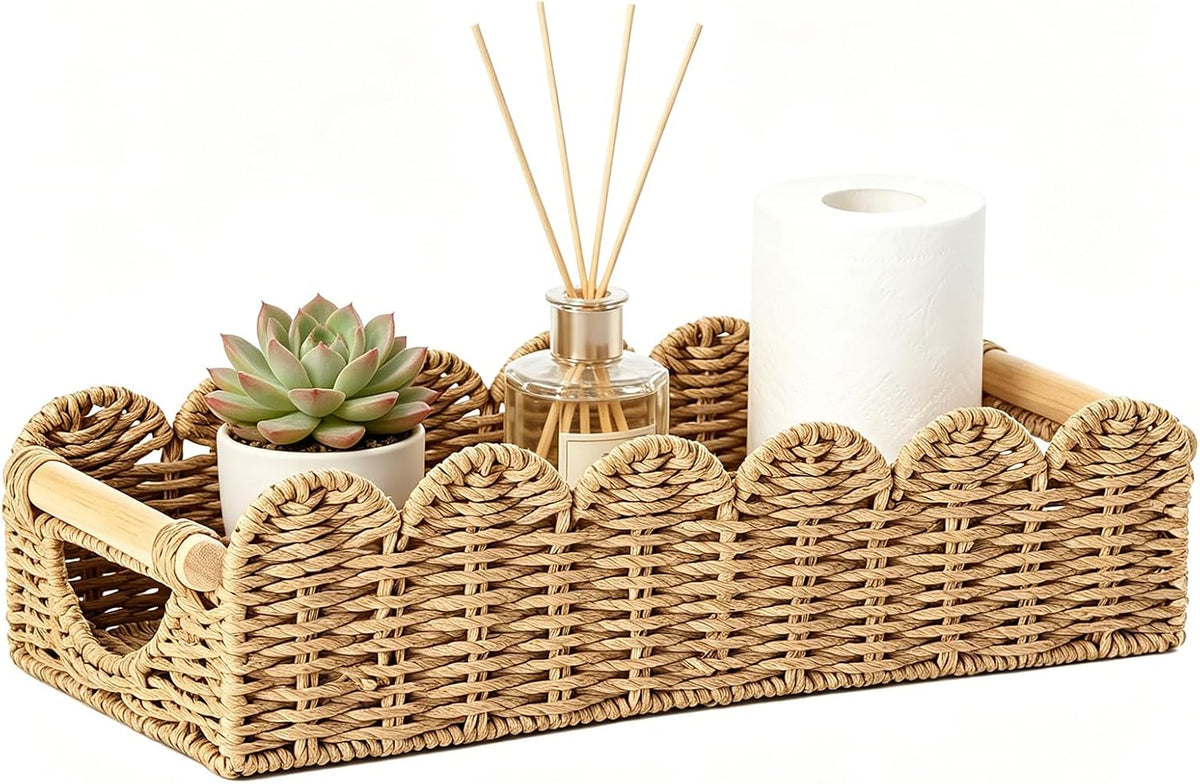 Upgraded Bathroom Basket Organizer w/Cut Out Handle, Back of Toilet Paper Storage Baskets Tray for Bathroom Countertop Decorative, Scalloped Wicker Basket Also for Home Decor, Living Room (Neutral)