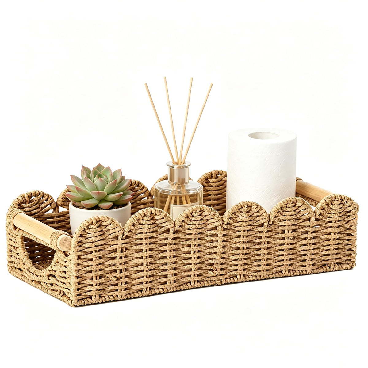 Upgraded Bathroom Basket Organizer w/Cut Out Handle, Back of Toilet Paper Storage Baskets Tray for Bathroom Countertop Decorative, Scalloped Wicker Basket Also for Home Decor, Living Room (Neutral)