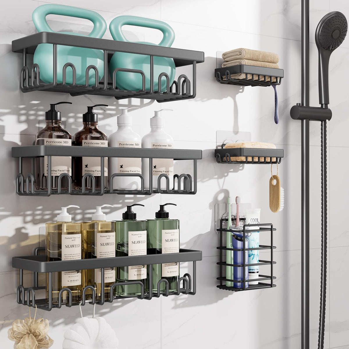 Veken Shower Caddy 6-Pack with Hooks, Bathroom Organizers & Storage, Black