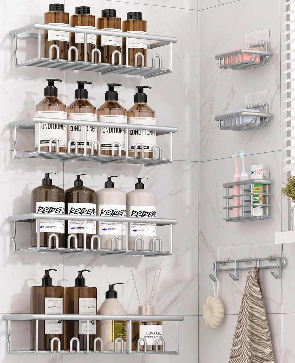 8 Pack Adhesive Large Capacity No-Drilling Shower Caddy, Black