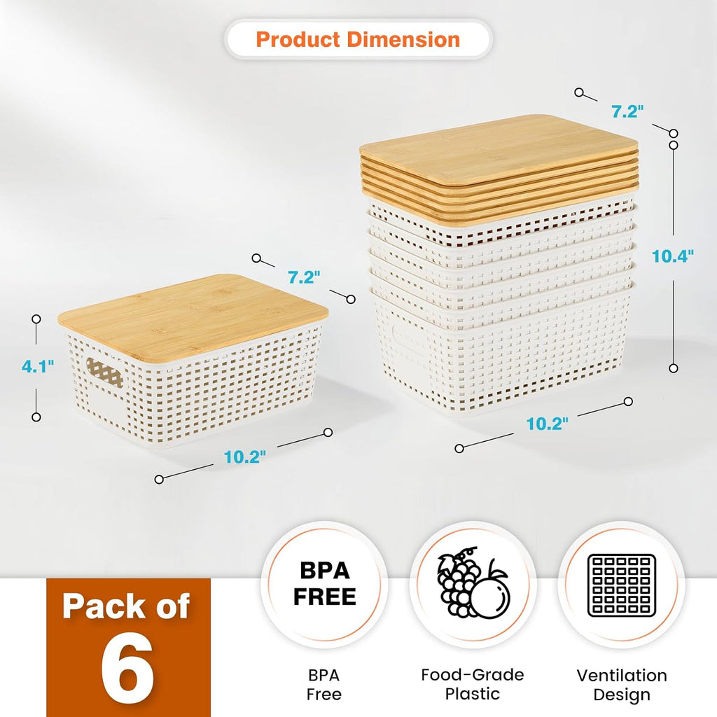 Ohmlove 6 Pack Plastic Storage Baskets with Bamboo Lids for Organization