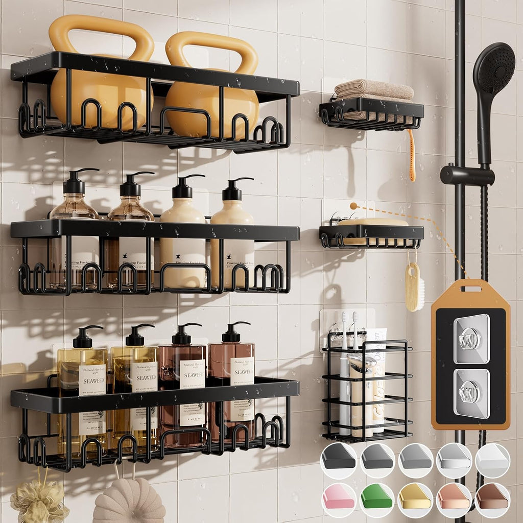 Veken Shower Caddy 6-Pack with Hooks, Bathroom Organizers & Storage, Black