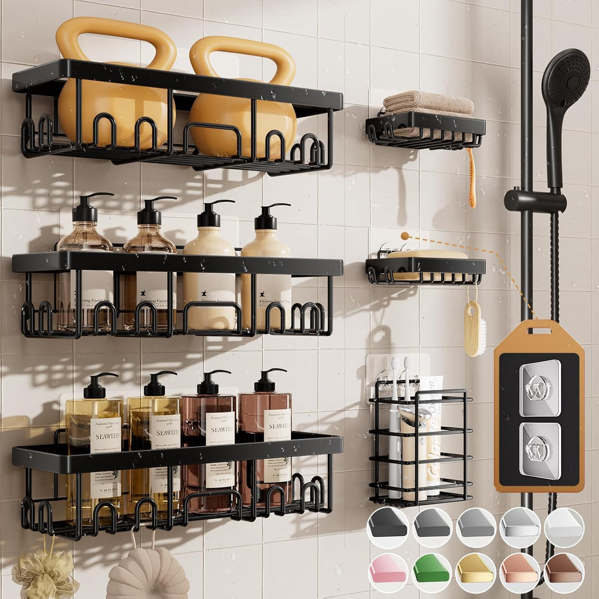 Veken Shower Caddy 6-Pack with Hooks, Bathroom Organizers & Storage, Black