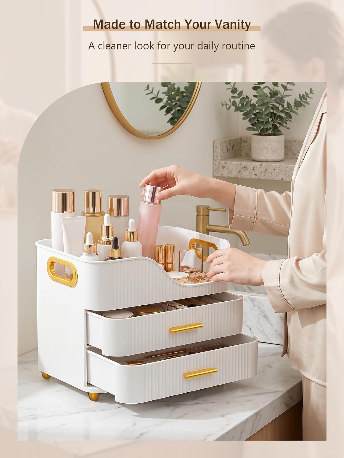 Booklov Large Makeup Organizer for Vanity, Bathroom Countertop, White