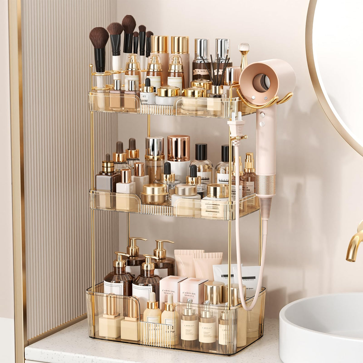 Bathroom Counter Organizer for Vanity, Makeup Organizer Countertop with Holder, Large Capacity Storage Rack, Perfect Large Skincare, Hair Care, Perfume, Easy to Install (Clear, 3Tiers)