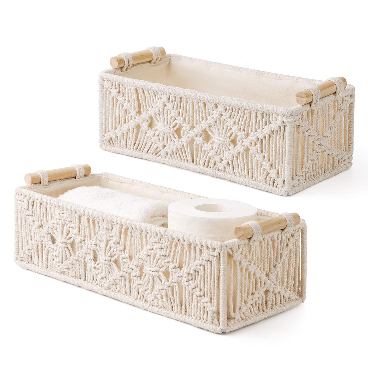Mkono 2Pc Macrame Storage Basket, Boho Decor Toilet Paper Holder, Ivory