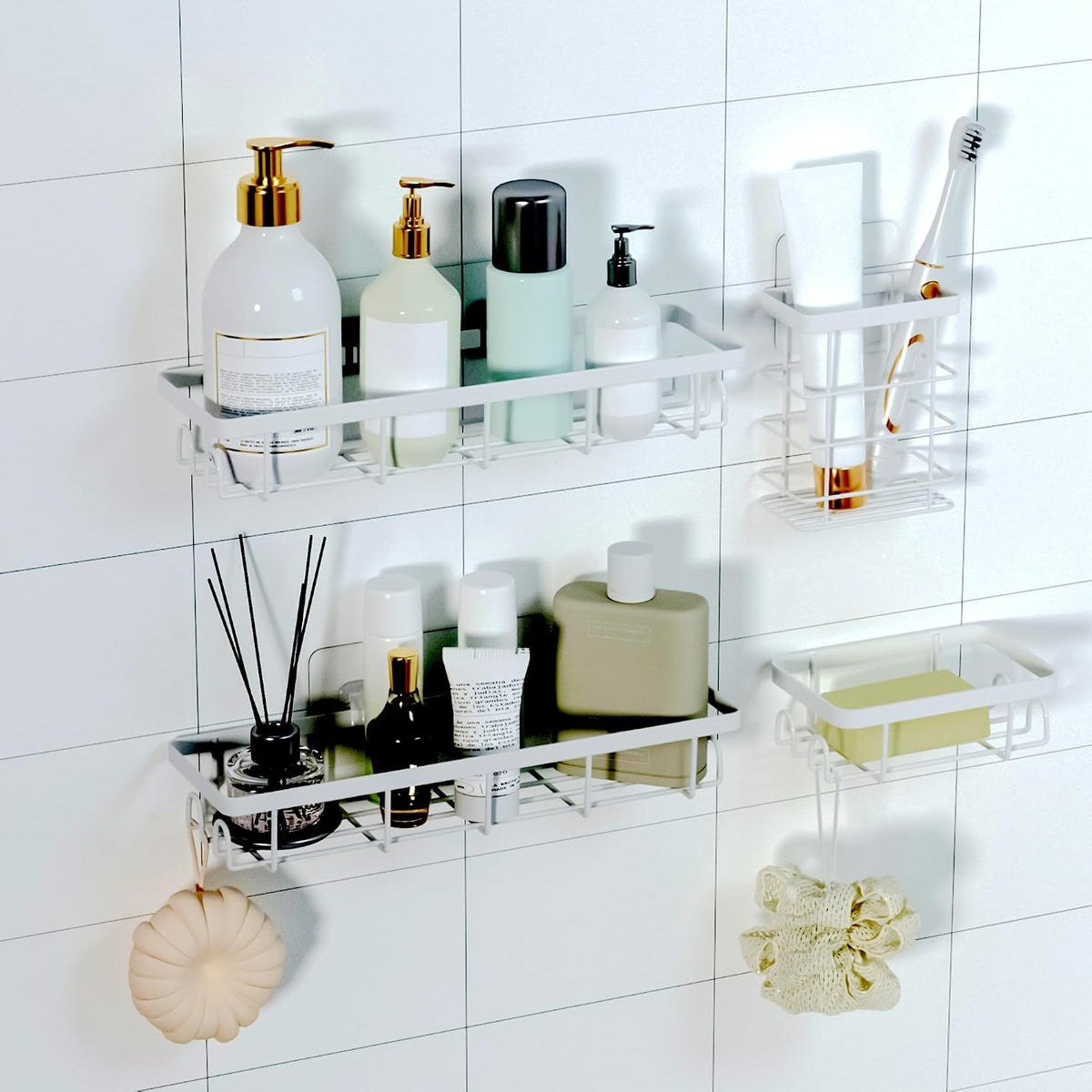 Shower Caddy Organizer with Hooks,Self Adhesive Bathroom Shelves,No Drilling Bathroom Organizers and Storage,Perfect for RV, Apartment, Home Decor,White 4PCS