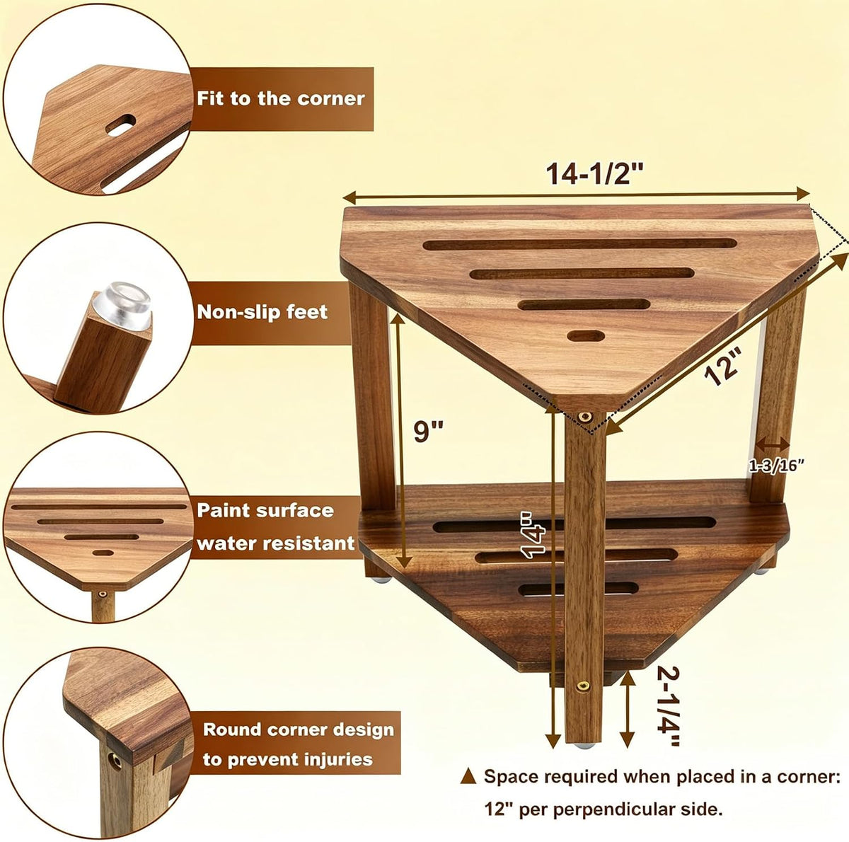 IBosins Corner Shower Stool 14in Small Bench Storage Shelf Natural Finish