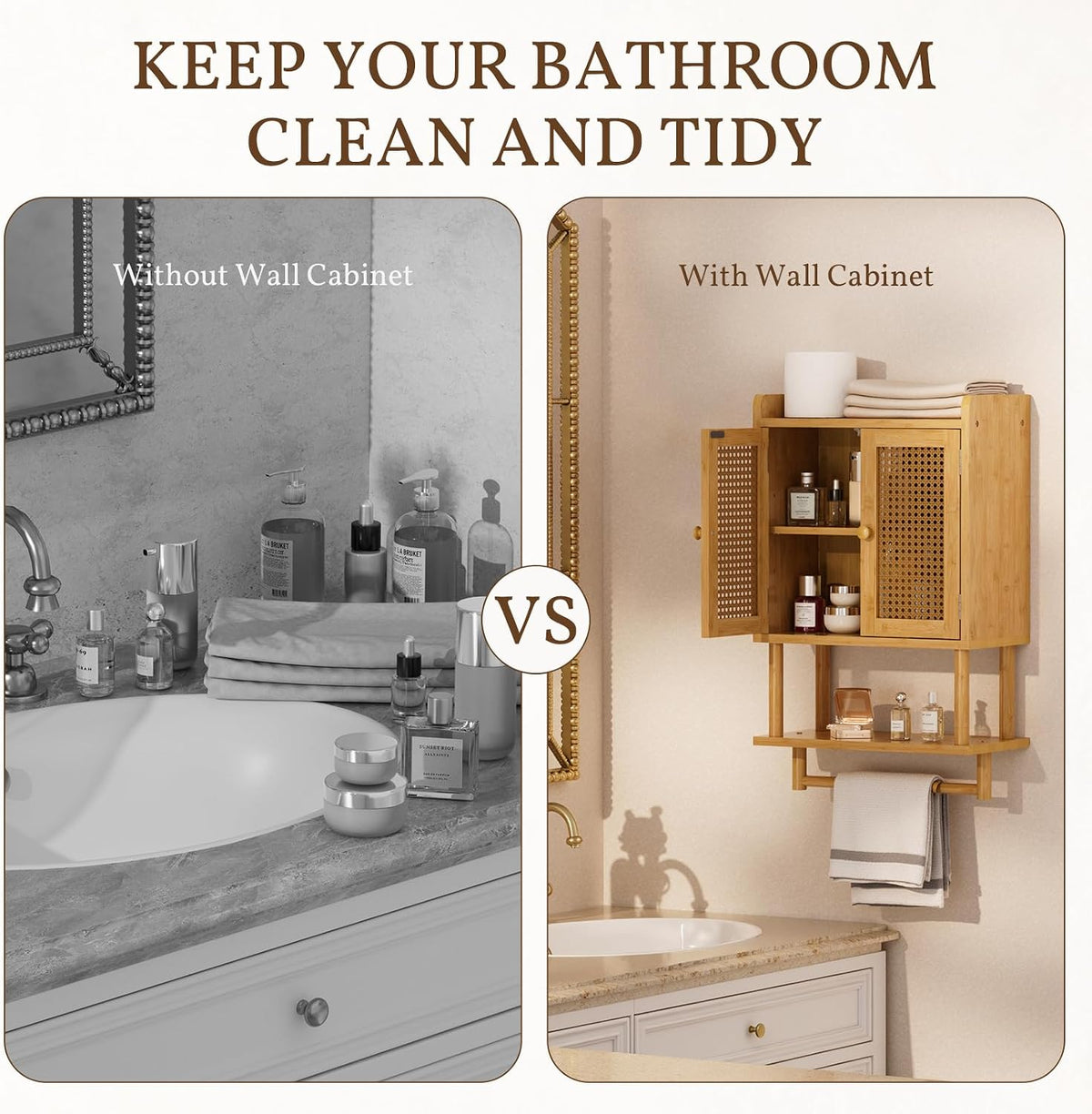 AmazerBath Bathroom Wall Cabinets, Bamboo Medicine Cabinet with Rattan Door, Over The Toilet Storage Cabinet with Towel Bar, Wall Mounted Cabinet with Adjustable Shelves for Small Spaces