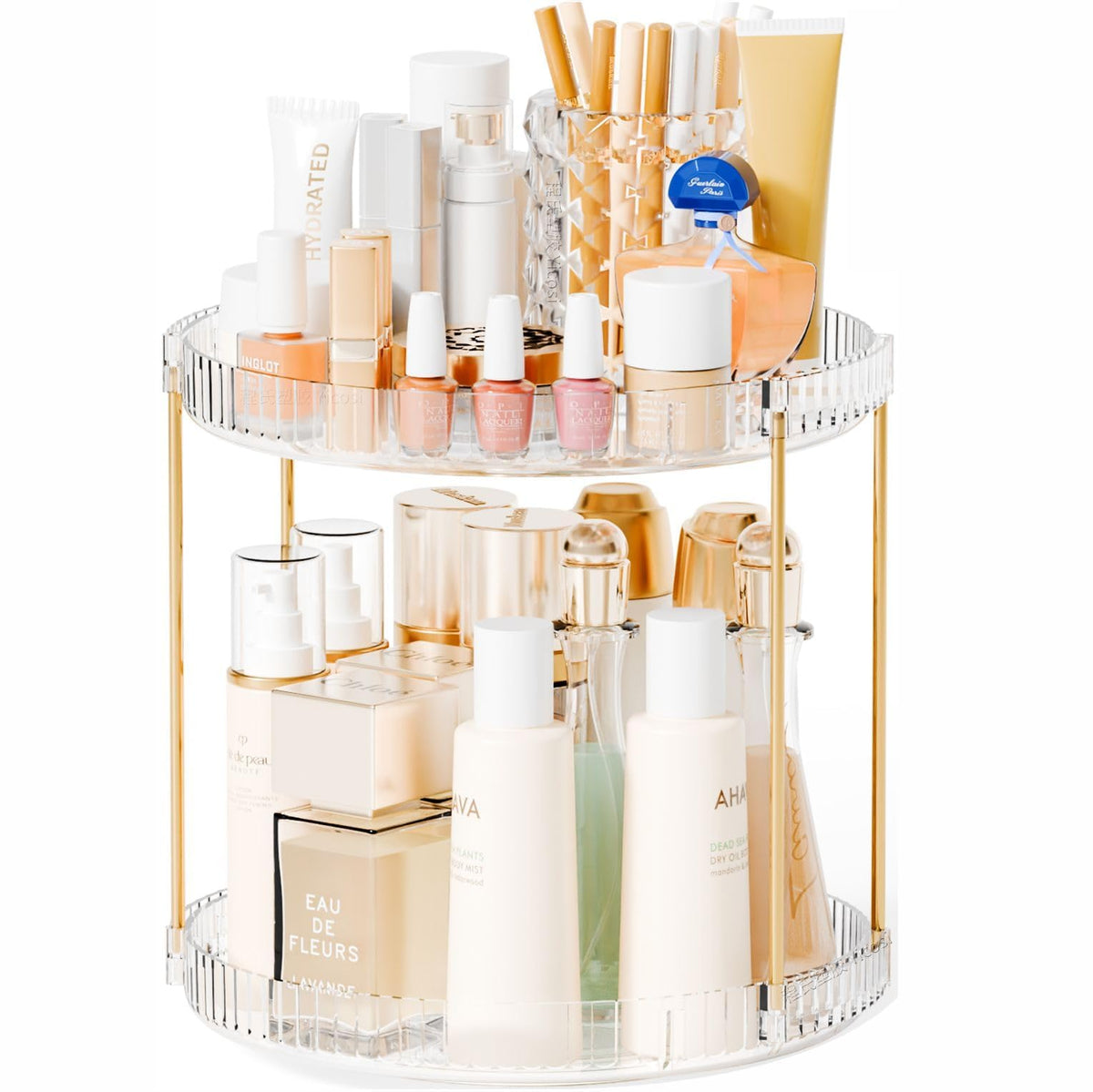 Yieach Acrylic 360 Rotating Makeup Organizer and Perfume Organizer,2 Tier Make Up Holder and Acrylic Skincare Organizers for Countertop,Vanity,Bathroom,Clear Spinning Beauty Organizer for Face Product